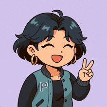 a girl in a blue jacket with the letter p on it
