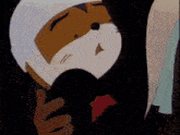 a close up of a cartoon character 's face with a hat on