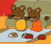 a cartoon of two teddy bears sitting on a table with food