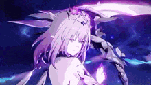 a purple haired anime girl with a crown of flowers on her head .