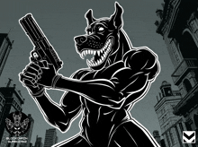 a black and white drawing of a dog holding a gun with the letters g on it