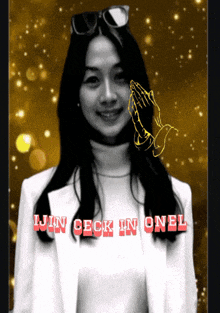 a black and white photo of a woman with the words jun beck in onel on the bottom