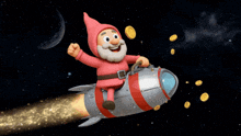 a gnome is flying on a rocket in space