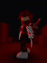 a cartoon character in a red mask is holding a rocket