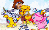 a cartoon of a boy riding a dinosaur with the words digimon adventure written above him