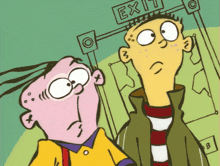 two cartoon characters looking up at an exit sign