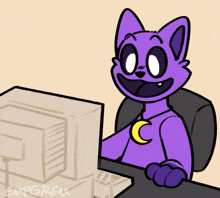a purple cat with a crescent moon necklace is sitting at a desk in front of a computer