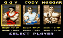 a video game screen shows three fighters named guy cody and hagggar