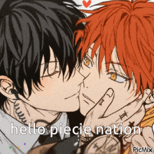 a couple of anime characters kissing with the words hello piece nation below them