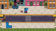 a pixel art drawing of a street scene with buildings and a blue character