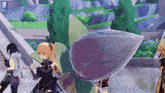 a group of anime characters are standing next to each other in a park .