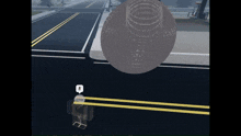 a person in a video game is standing in the middle of a street with a large object in the background