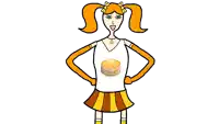 a cartoon of a girl with pigtails and a stack of pancakes on her shirt
