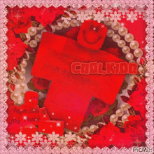 a picture of a red roblox character surrounded by flowers and pearls says coolkidd