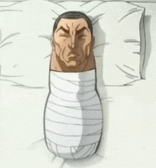 a cartoon drawing of a man wrapped in bandages laying on a bed