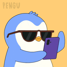 a penguin wearing sunglasses is looking at a cellphone