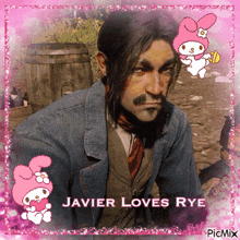 a picture of a man with the words javier loves rye below him