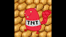 a cartoon drawing of a red squirrel with a tnt sticker on its tail