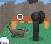 a pixel art of a dog standing next to a wooden table
