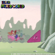 a super mario world advertisement with a purple triangle