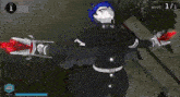 a black and white drawing of a person with blue hair and the number 1 on their armband