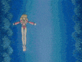 a girl with a wand is standing in front of a giant robot