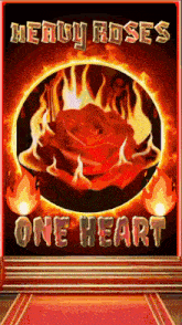 a poster for heavy roses one heart with a red rose on fire