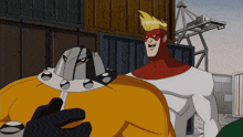 two cartoon characters are standing next to each other and one is wearing a red shirt