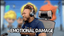 a man wearing headphones is sitting in a chair with the words " emotional damage " on the screen