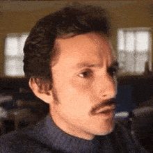 a man with a mustache is wearing a blue turtleneck sweater