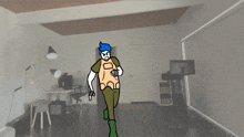 a cartoon drawing of a man with blue hair dancing in an office