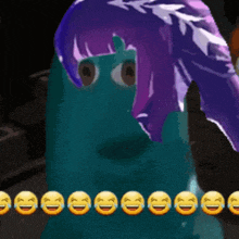 a cartoon character with purple hair is surrounded by laughing and crying emojis