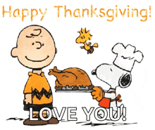 a cartoon of charlie brown and snoopy saying " happy thanksgiving "