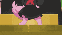 a cartoon character with a pink tail is standing on a yellow surface .