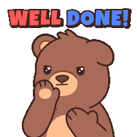 a cartoon teddy bear says well done in red and blue