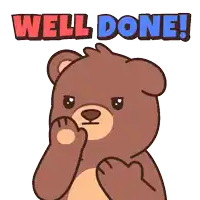 a cartoon teddy bear says well done in red and blue