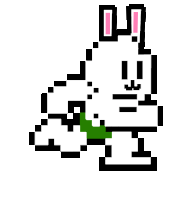 a pixel art drawing of a white rabbit with pink ears and a green belt .
