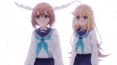 two anime girls are standing next to each other and one has antlers