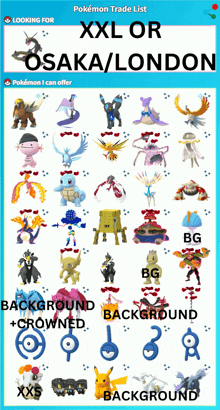 a pokemon trade list for xxl or osaka/london