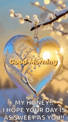 a heart shaped ornament is hanging from a tree branch and says good morning my honey !