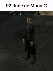 a picture of a man in a trench coat with the words p2 dude de moon
