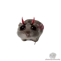 a hamster with devil horns and a trident has a white background