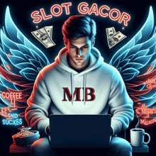 a man wearing a hoodie that says mb is sitting in front of a laptop