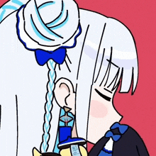a drawing of a girl with white hair and a blue bow on her head .