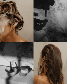 a woman is washing her hair with a sponge