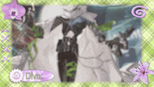 a picture of diva with purple flowers and a green background