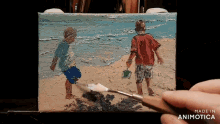 a painting of two boys on a beach is being made in animatica