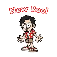 a cartoon of a man with the words new reel behind him