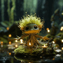 a figurine of a frog with a yellow hair and roots