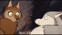 two cartoon wolves are looking at each other and the words wolfwalkers are below them